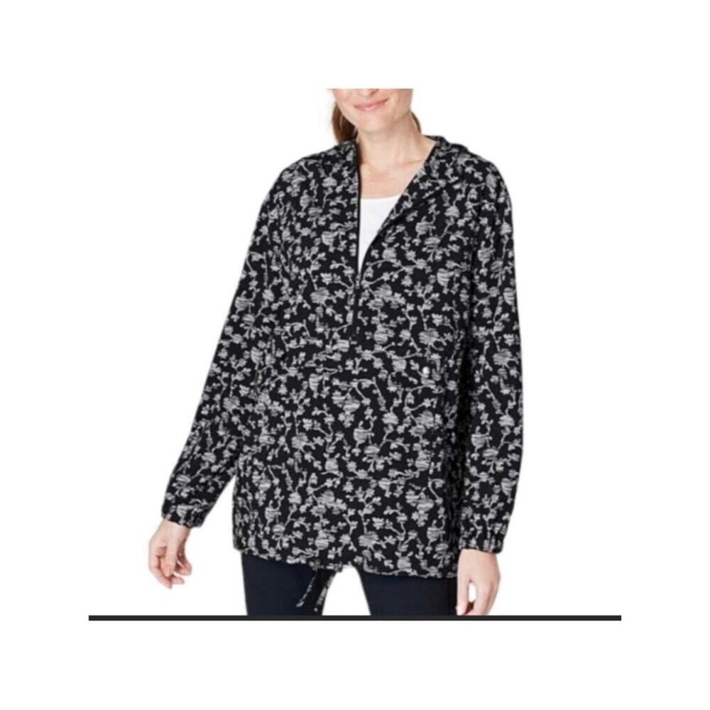 J. Jill Fit On-The-Go Zip Front Hooded Jacket size M Wind Breaker Black Floral